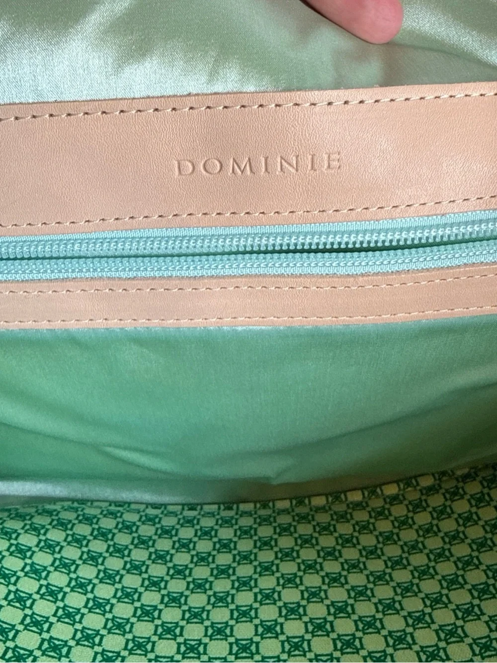 Dominie Green Patterned Tote with Tan Trim and Straps